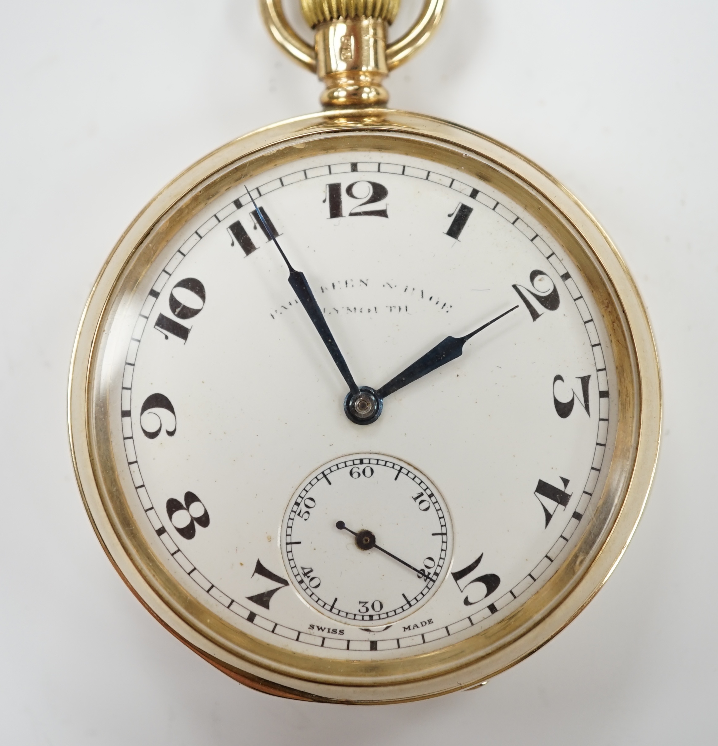 A George V 9ct gold open face keyless pocket watch, with Arabic dial and subsidiary seconds, case diameter 48mm, gross weight 79.2 grams.